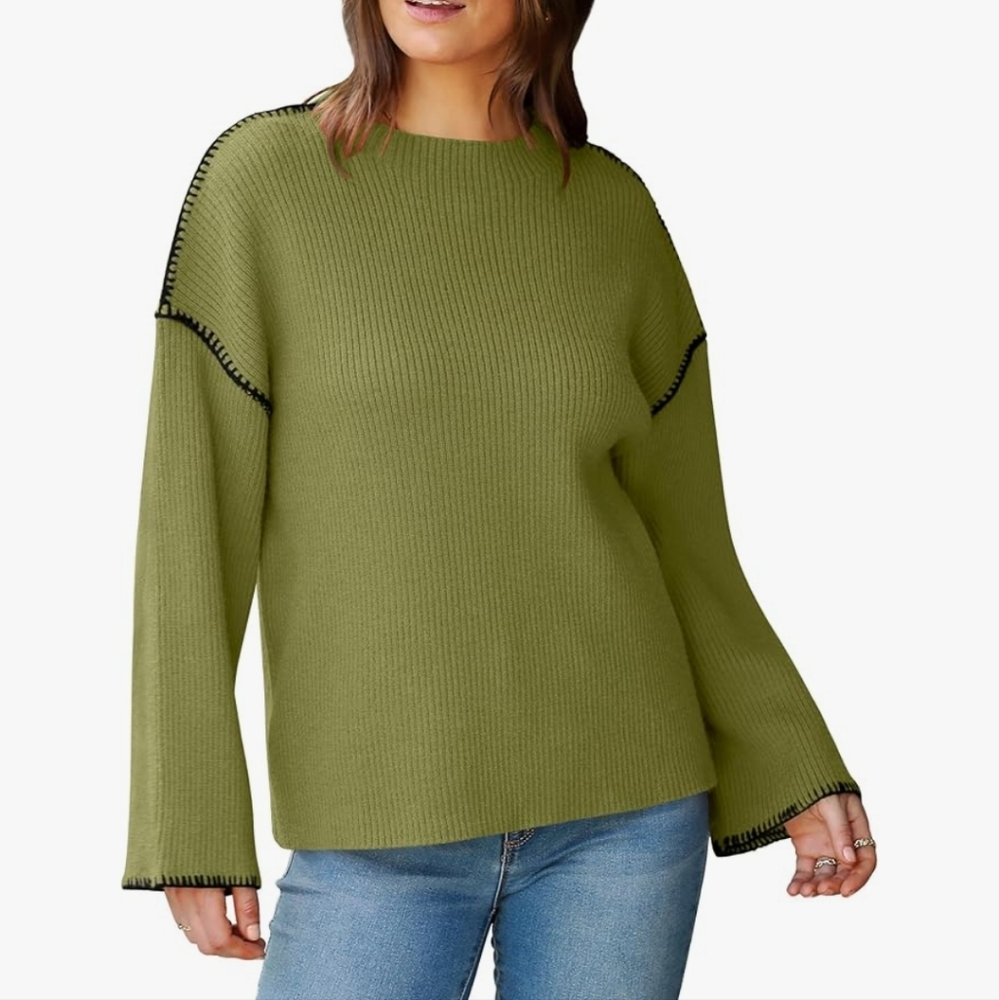 Oversized Olive Green Crew Neck Sweater size small - Picture 2 of 6